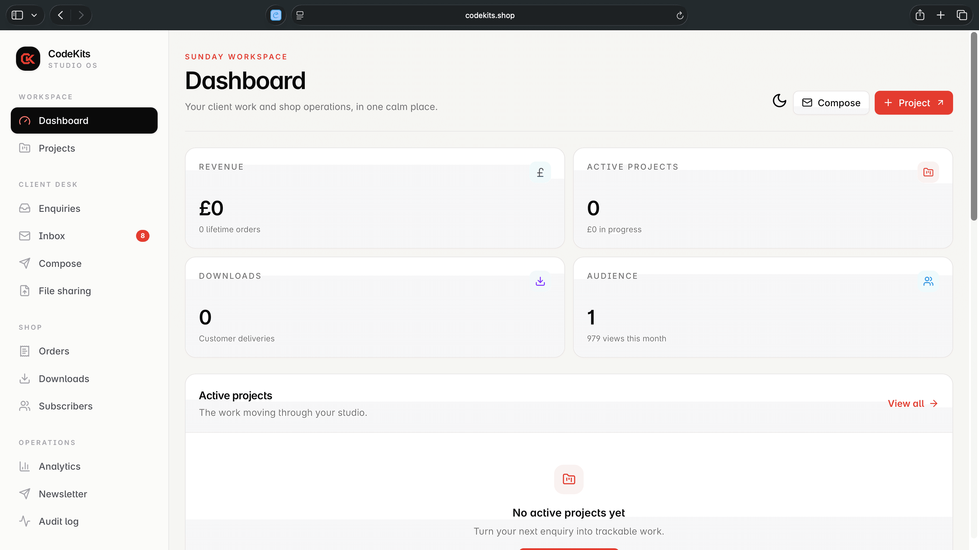 CodeKits admin workspace with projects, enquiries, inbox, file sharing, orders, subscribers, analytics, newsletters, and audit tools