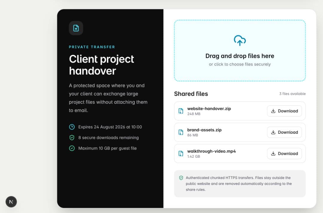 Protected client file-sharing portal with drag-and-drop uploads, downloadable project files, expiry time, and remaining download count