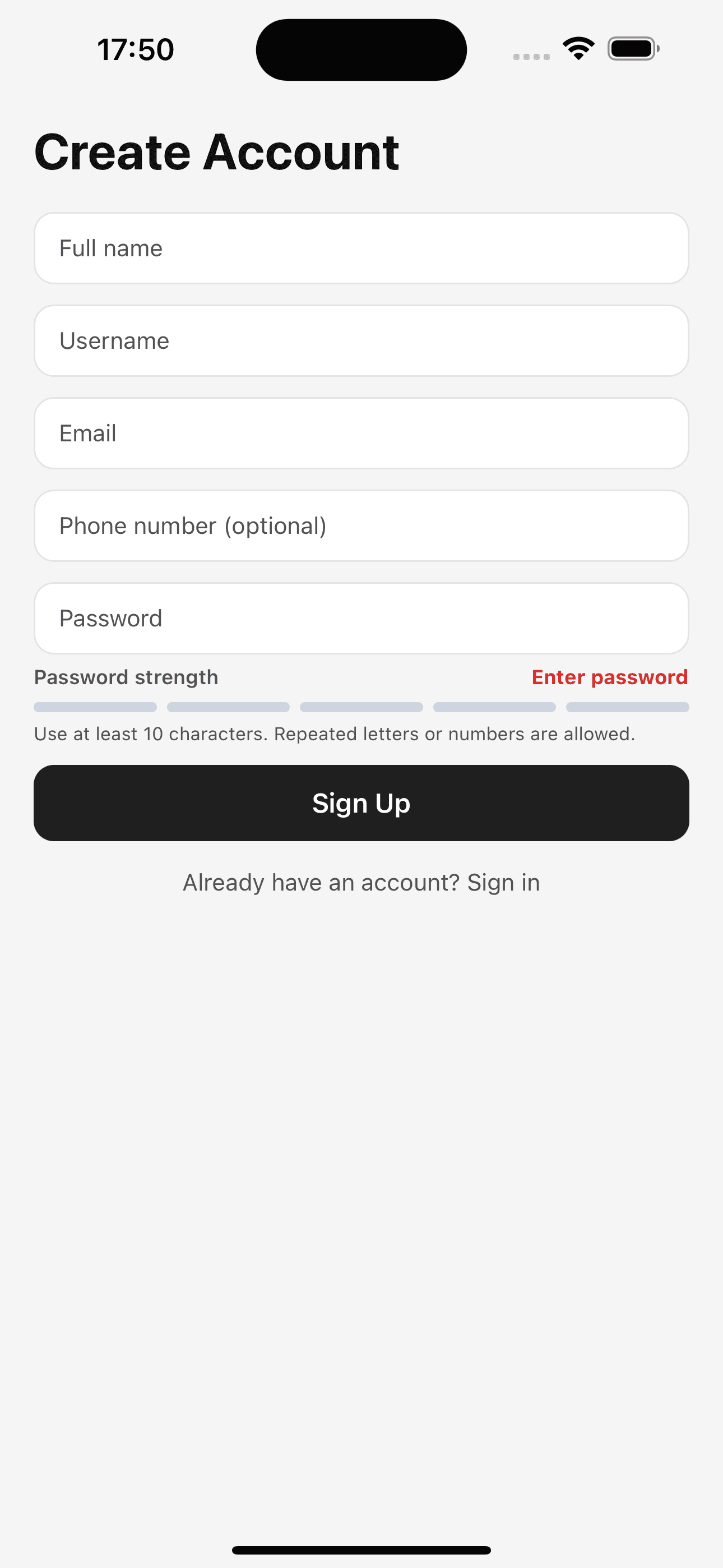Encrypted Messenger create account screen