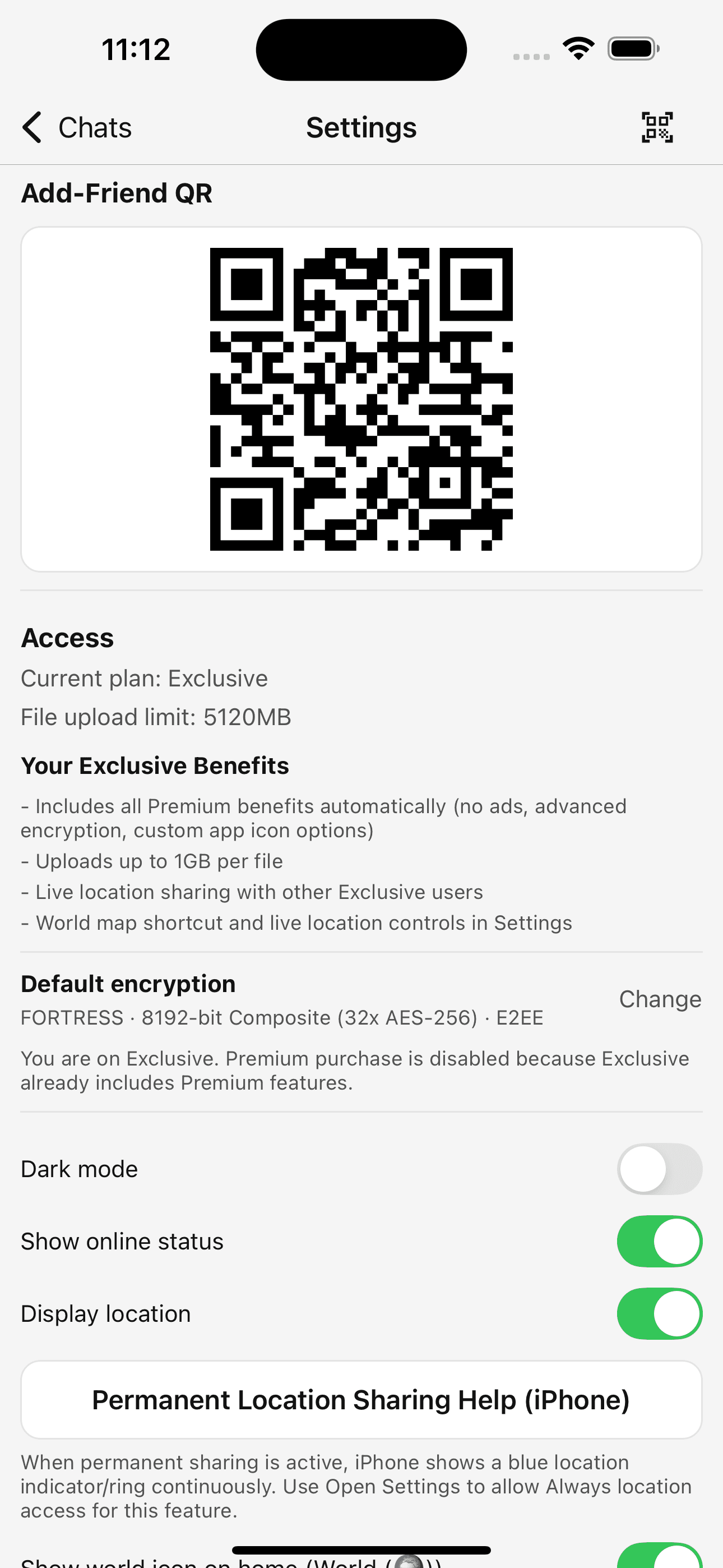 Encrypted Messenger settings screen with add friend QR and privacy controls